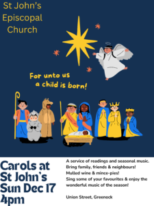 the image contains a nativity scene, with the details of the church carols on Sun Dec 17 at 1600